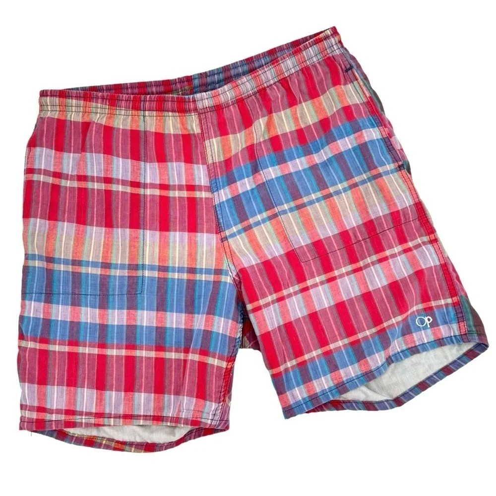 Vintage OP Ocean Pacific Swim Trunks Multicolor Madras Plaid | S/M 31” Waist